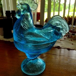 Beautiful vintage sky blue Westmoreland rooster candy dish